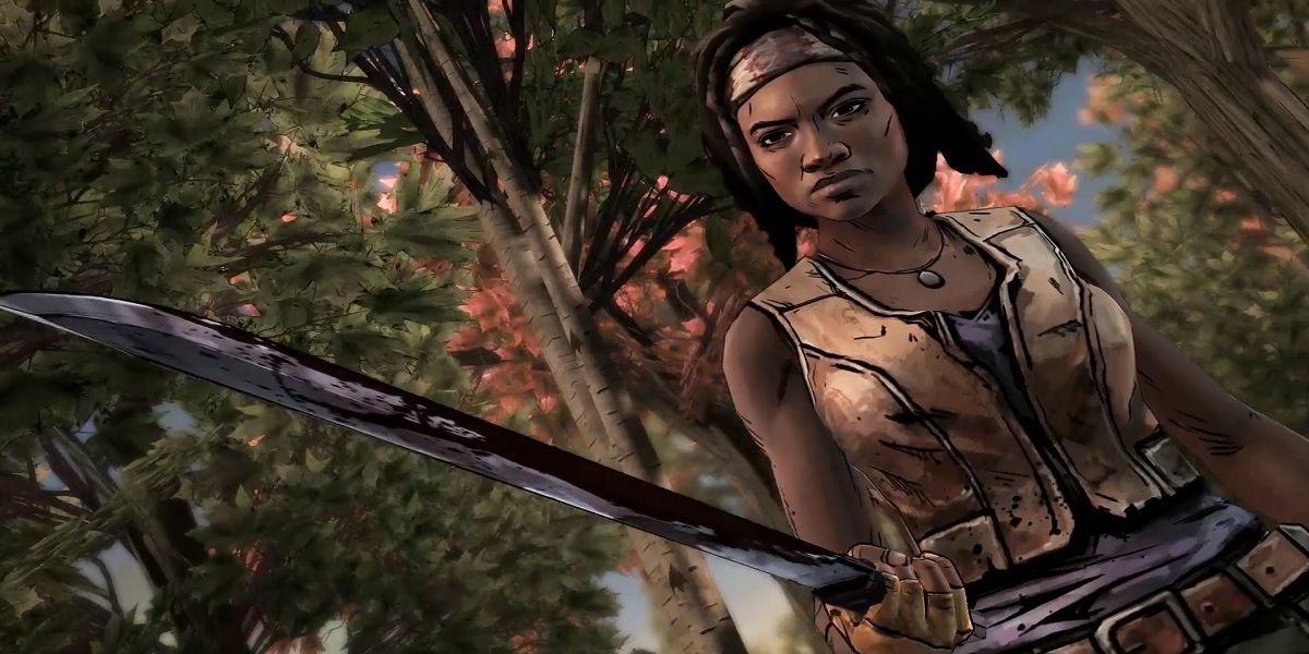 Michonne holding up her sword from The Walking Dead Michonne