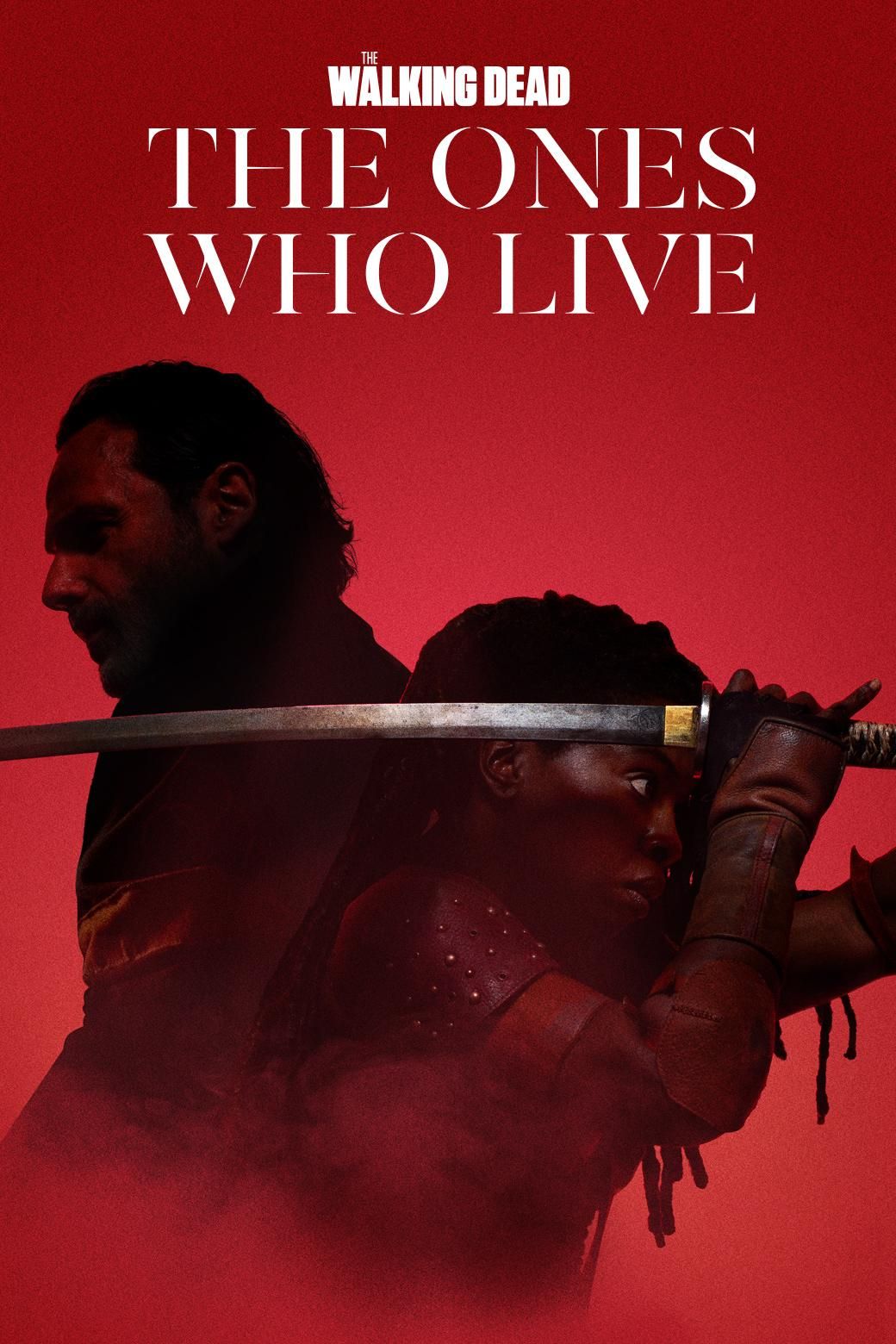 Rick and Michonne stand back to back, and Michonne has her sword raised on The Walking Dead The Ones Who Live TV Show Poster