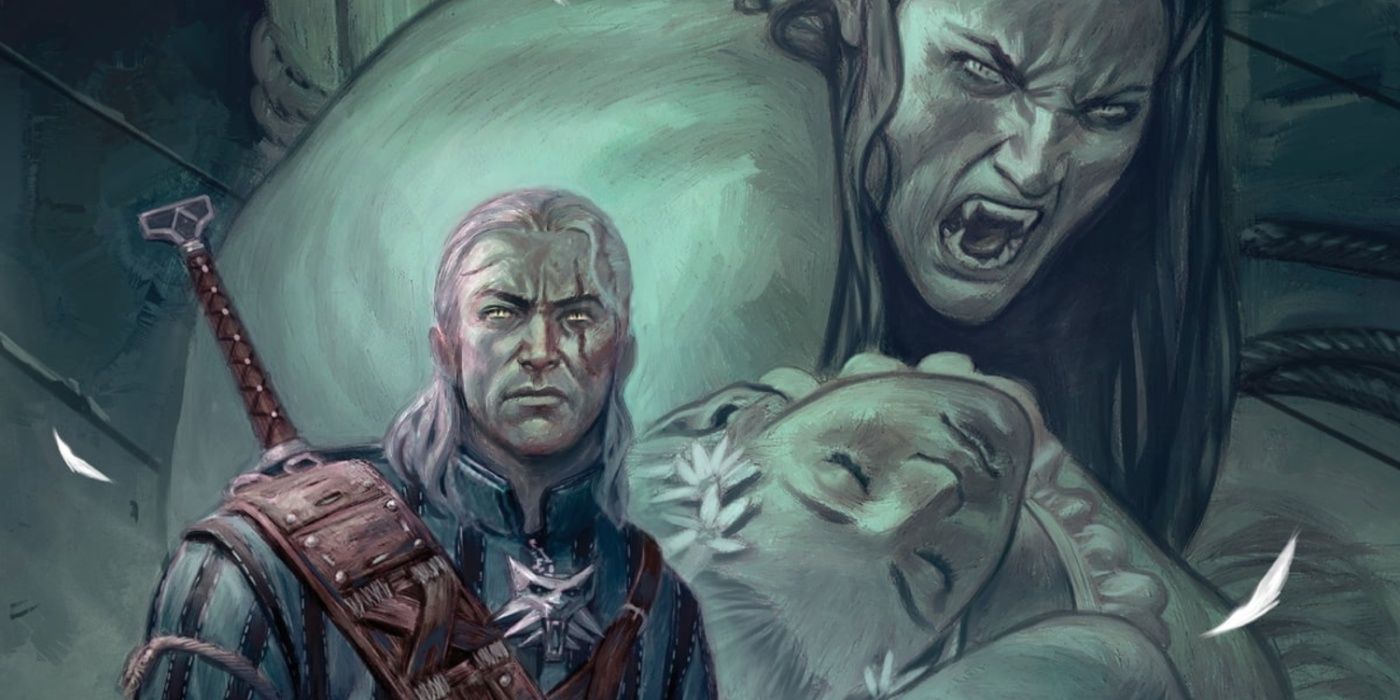 Geralt na capa de The Witcher: Fox Children enquanto o vulpes rosna e segura uma criança inconsciente. 