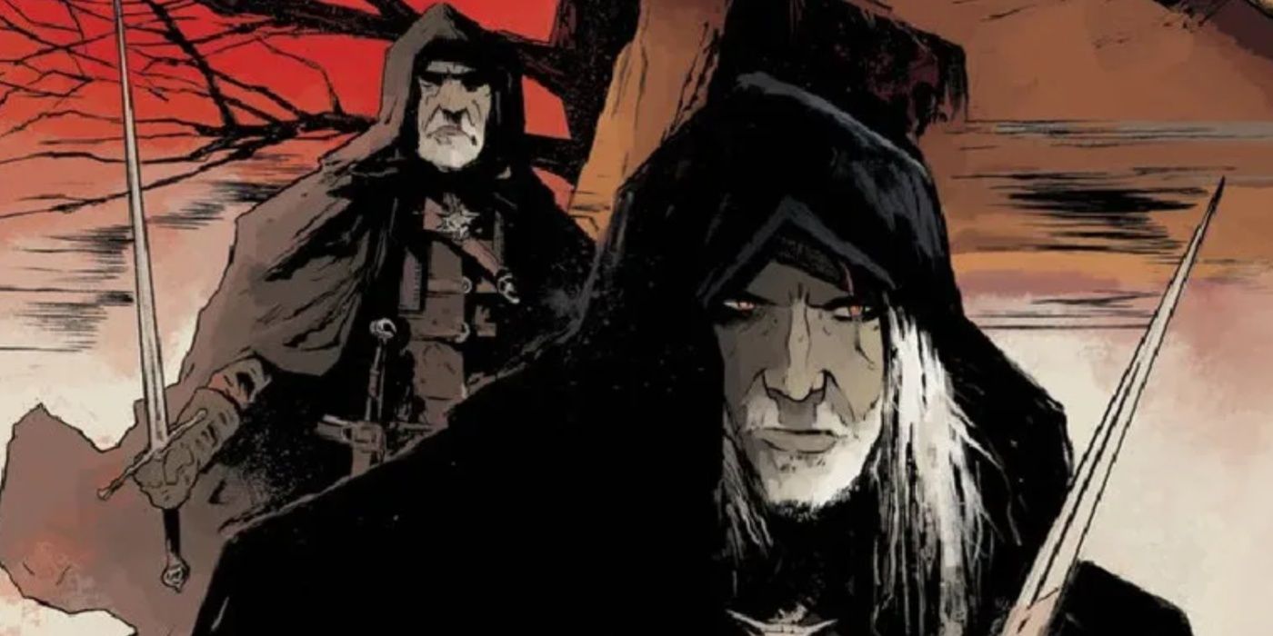 Geralt e Vesemir na capa de The Witcher: Killing Monsters.
