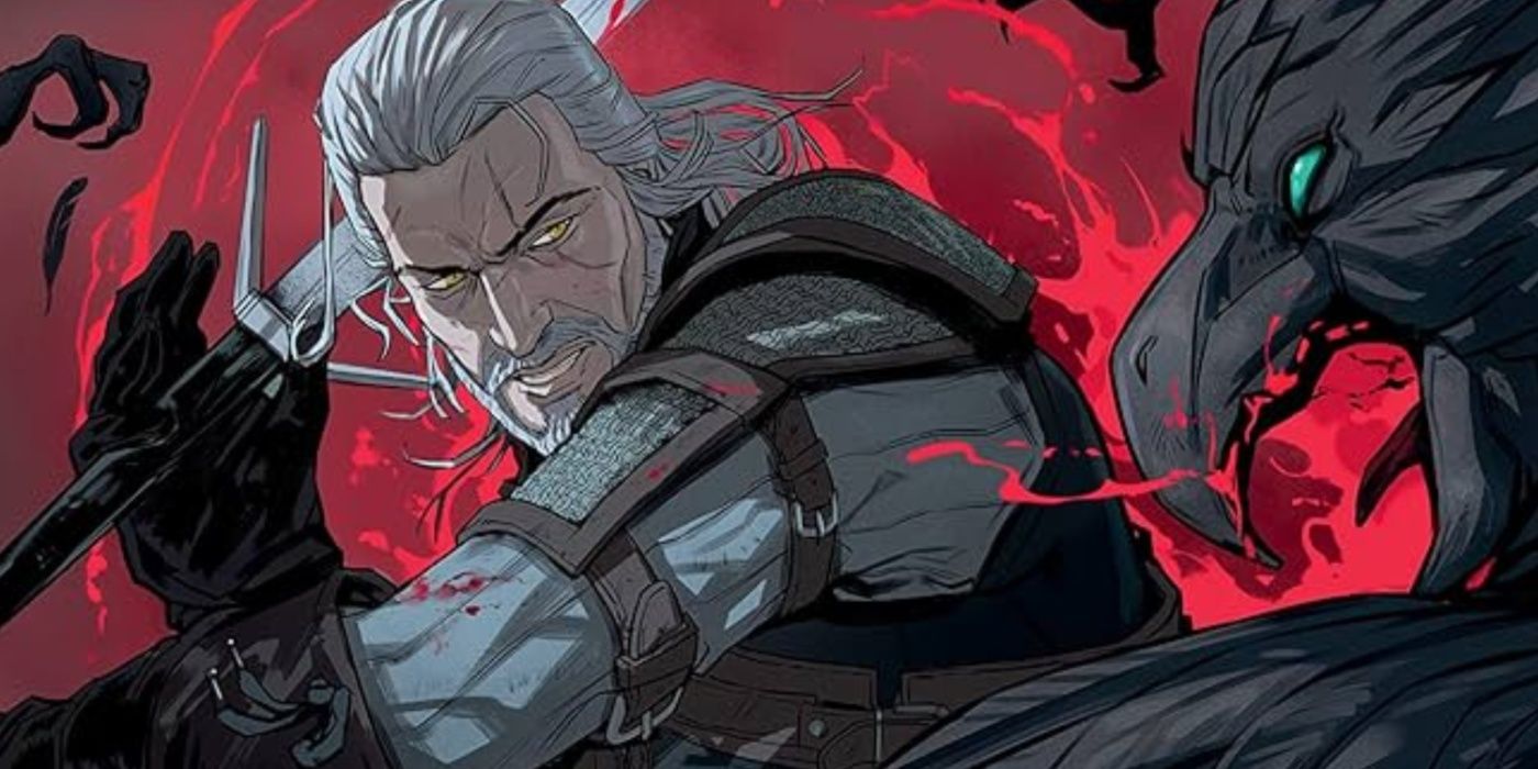 Geralt lutando contra um enxame de corvos em The Witcher: Of Flesh and Flame.