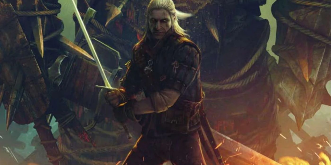 Geralt de Rivia com sua espada desembainhada na capa de The Witcher: Reasons of State.