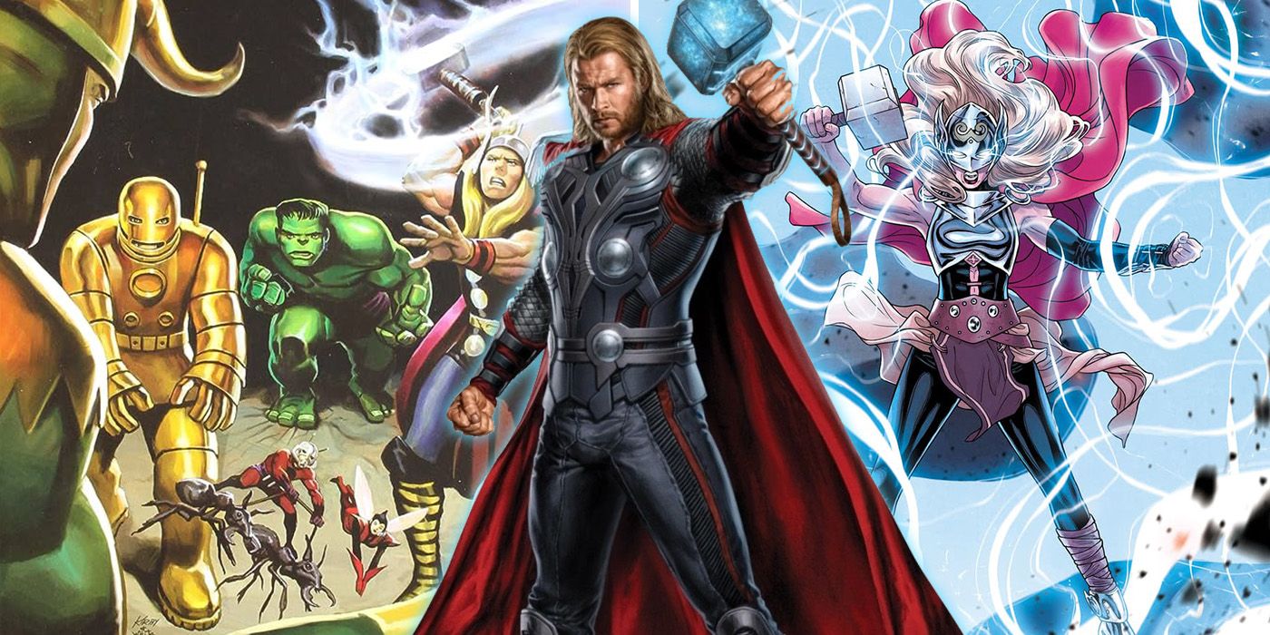 split image: MCU Thor, and Marvel Comics Mighty Thor and Avengers #1 cover vs Loki