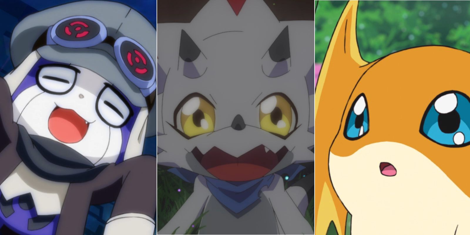 Three images of Offmon cheering, Gammamon smiling and Patamon looking concerned in Digimon