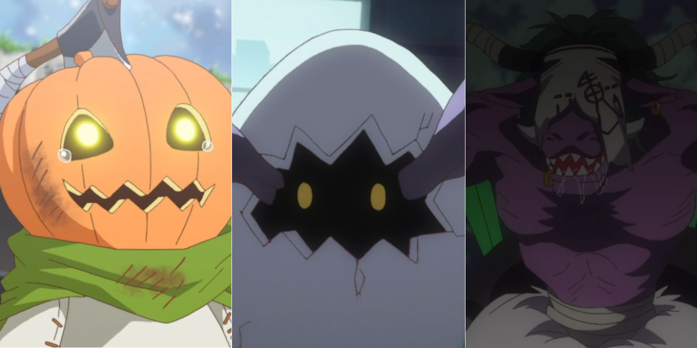 Three images of Pumpmon, Digitamamon and Gyukimon looking toward the viewer in Digimon Ghost Game