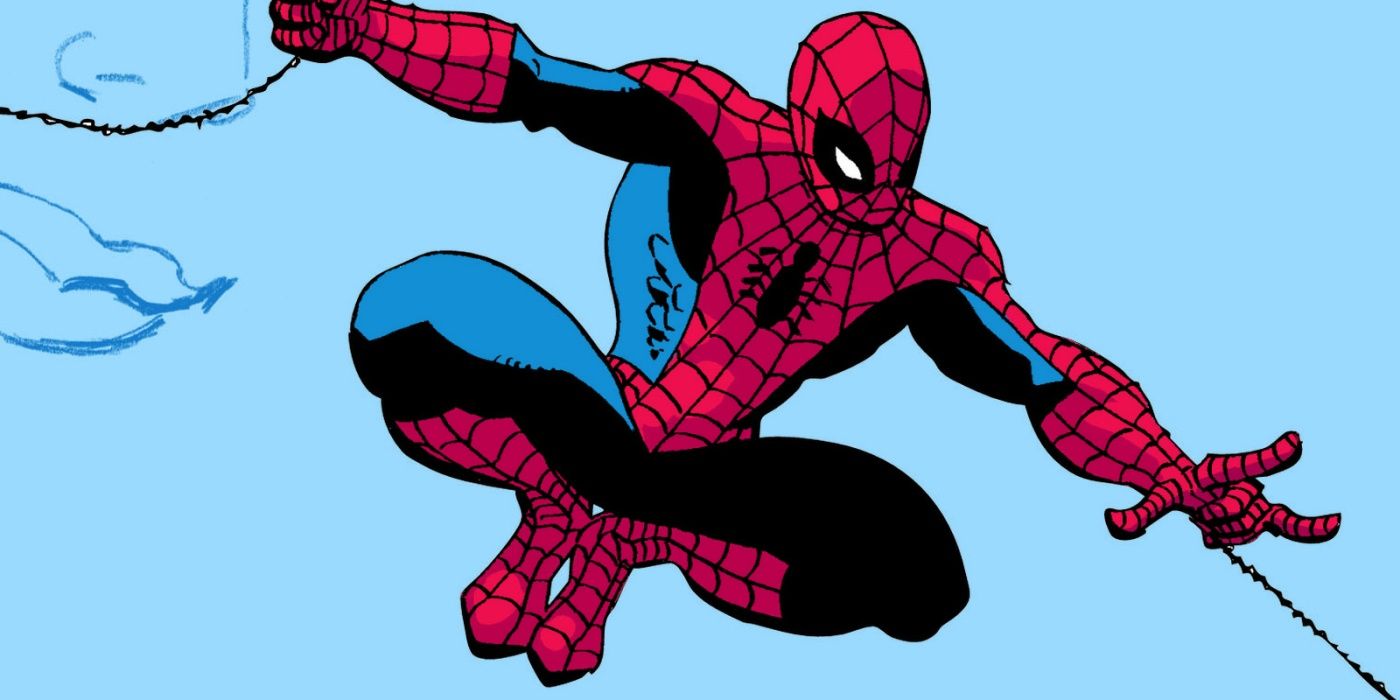 Tim Sale's Spider-Man swings against a blue background