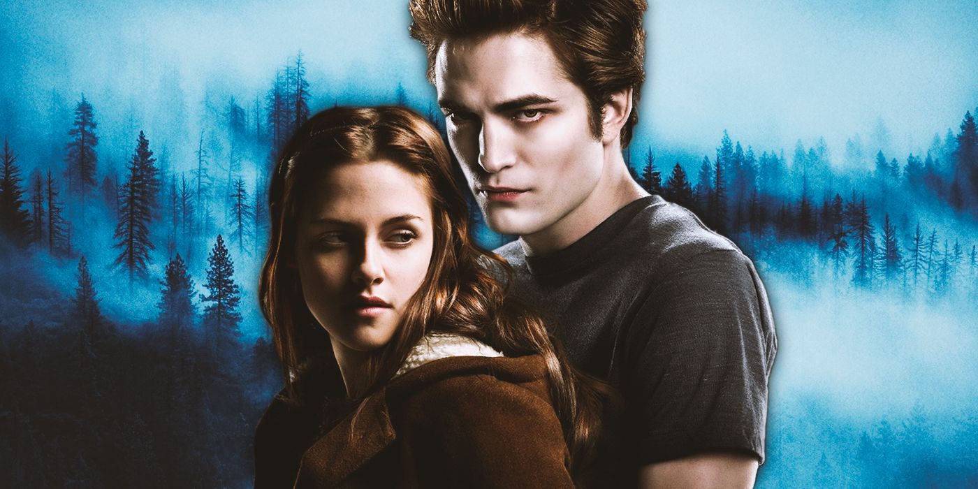 Bella and Edward from Twilight in front of foggy trees.