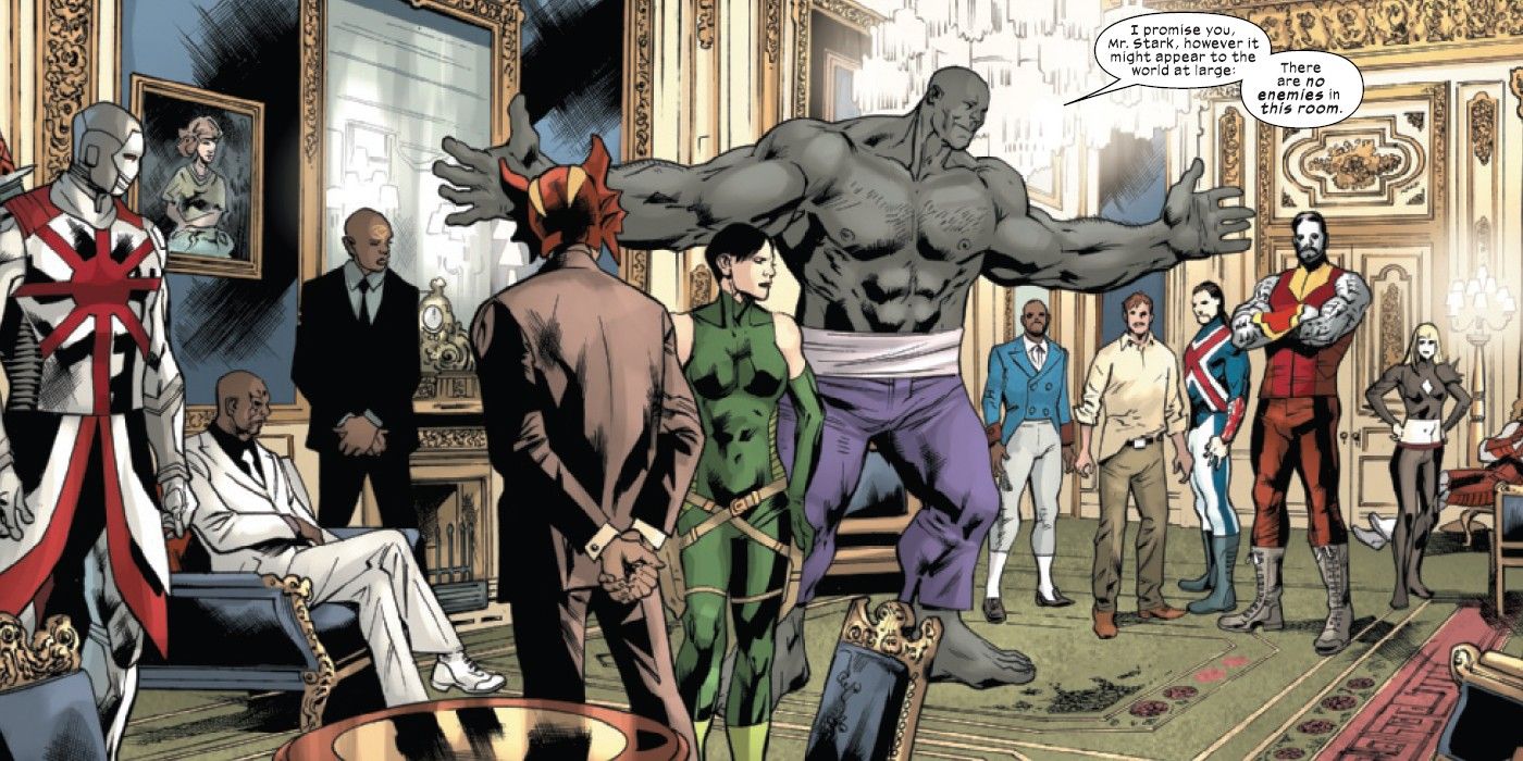 Hulk da Terra-6160 dizendo a Howard Stark que nenhum dos líderes mundiais é realmente inimigo