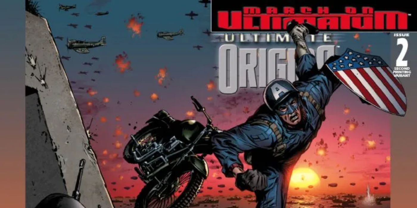 Capitão América salta de uma motocicleta em Ultimate Origins.