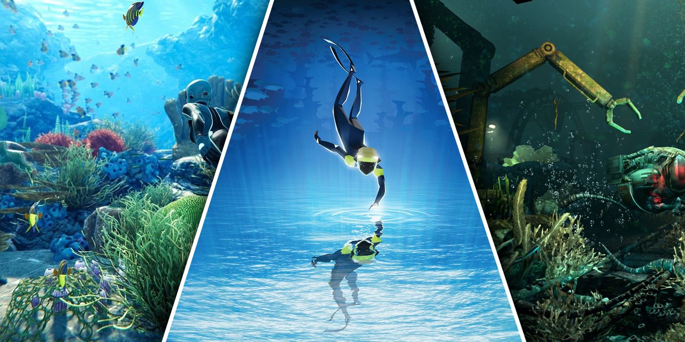 Split image featuring screenshots from underwater scenery in Beyond Blue, ABZÛ and SOMA