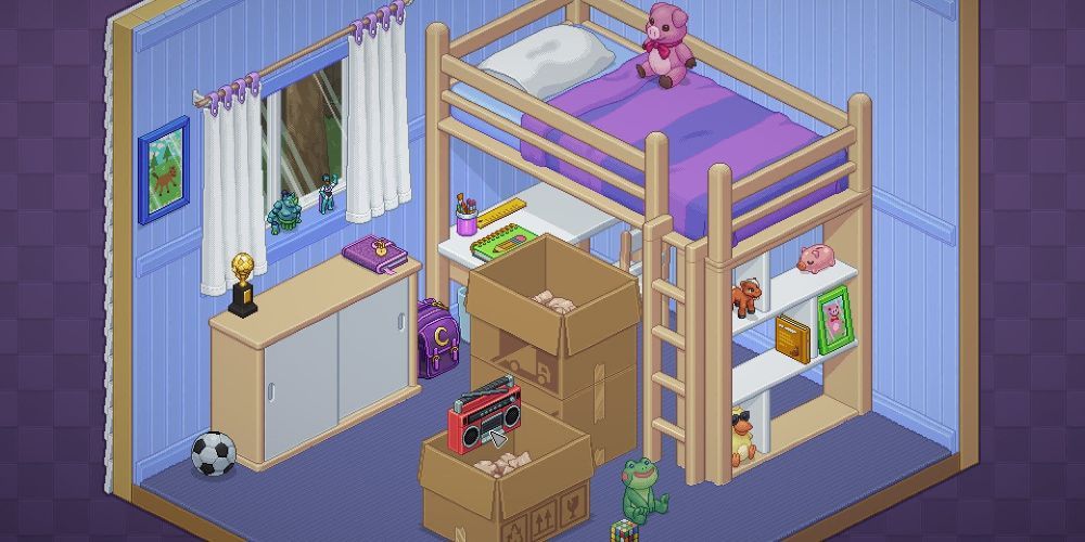Um quarto bagunçado e pixelado do jogo Unpacking