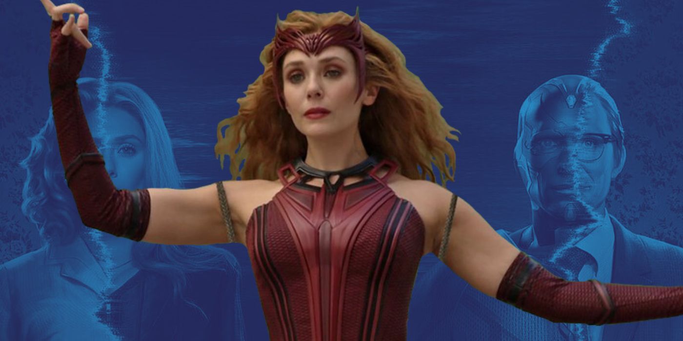 Elizabeth Olsen's Wanda Maximoff takes the mantle of Scarlet Witch in front of a faded out poster of the WandaVision series