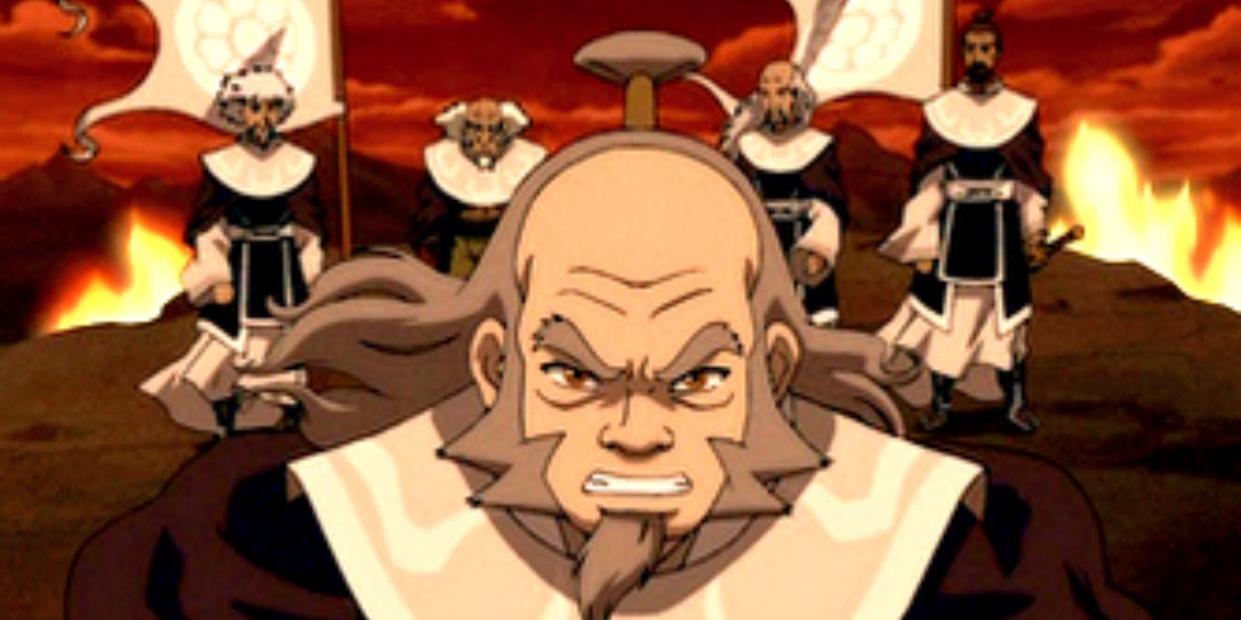 Iroh ready to fight with the White Lotus behind him from Avatar: The Last Airbender. 