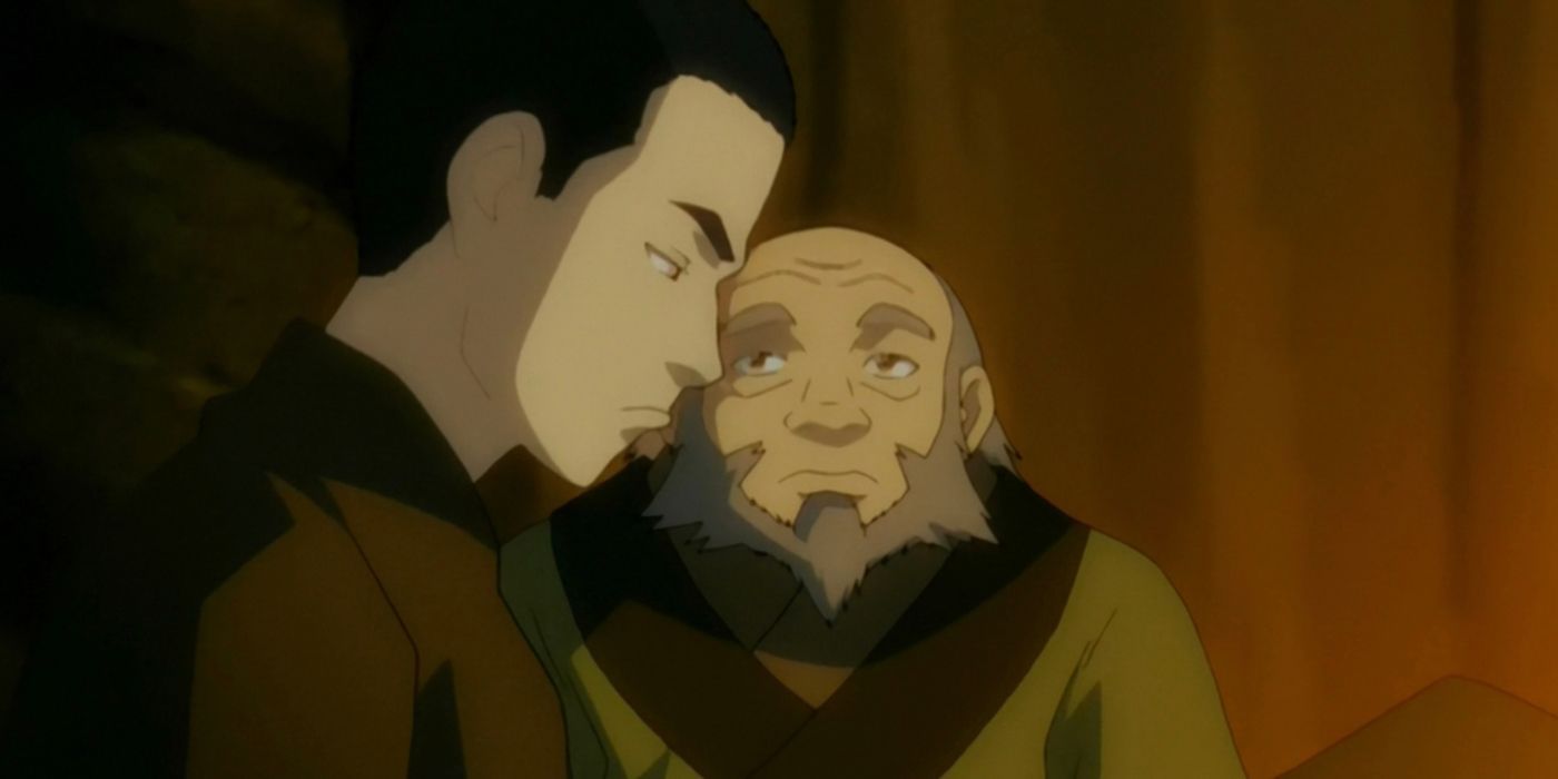 Iroh, concerned, talks to Zuko from Avatar: The Last Airbender. 
