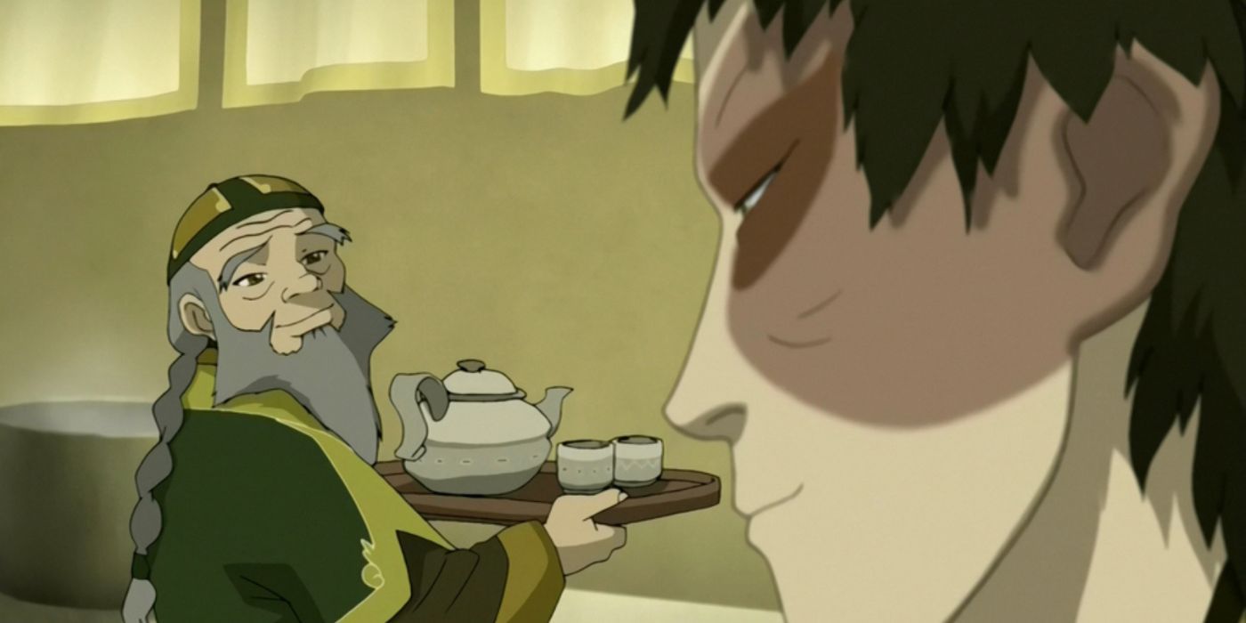 Iroh about to serve tea to customers, smiling at Zuko, who is also smiling