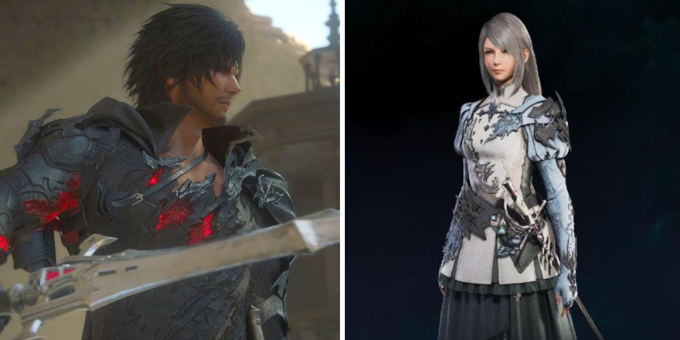 A split image of Clive with a new look sword as well as Jill in her new Snow White outfit in Final Fantasy XVI