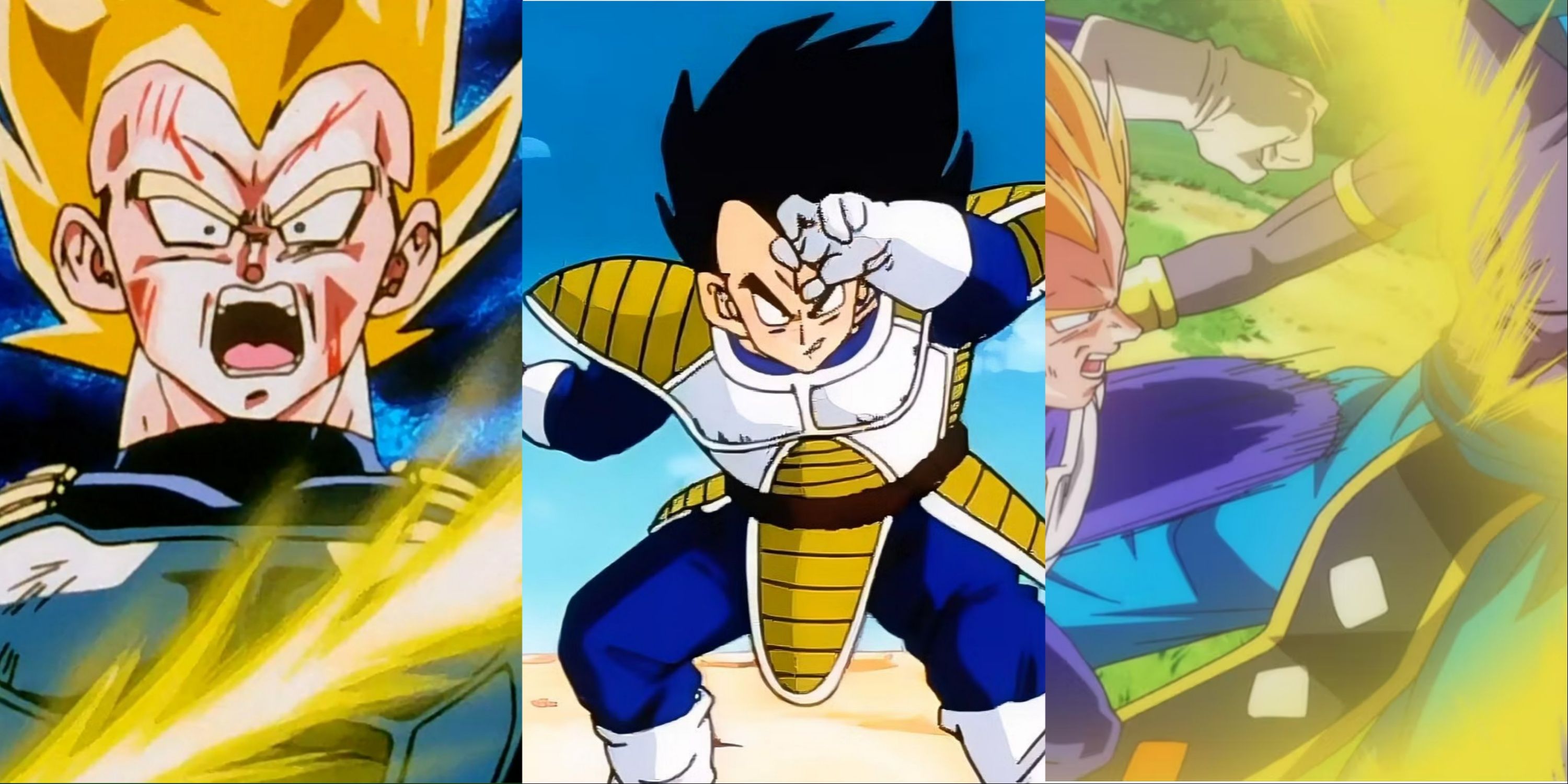 Vegeta First Super Saiyan Transformation, First Fight With Goku, and Defending Bulma Dragon Ball Collage