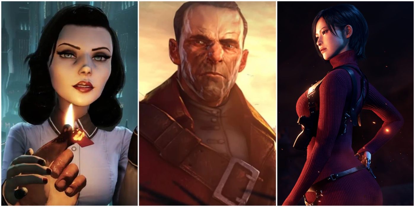 A split image showing Bioshock Infinite: Burial at Sea, Dishonored: The Knife of Dunwall, and Resident Evil 4: Separate Ways