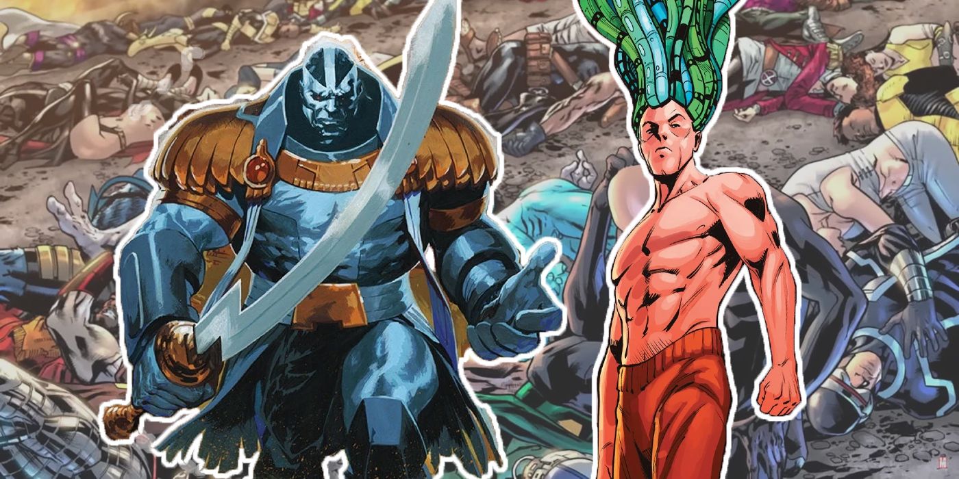 Apocalypse and Legion standing in front of an image of Earth's Mutants lying dead after the Fall of X