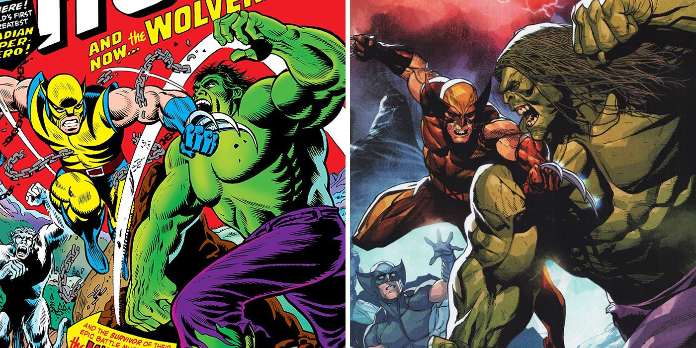 split image: Wolverine's first appearance fighting Hulk and in modern comics