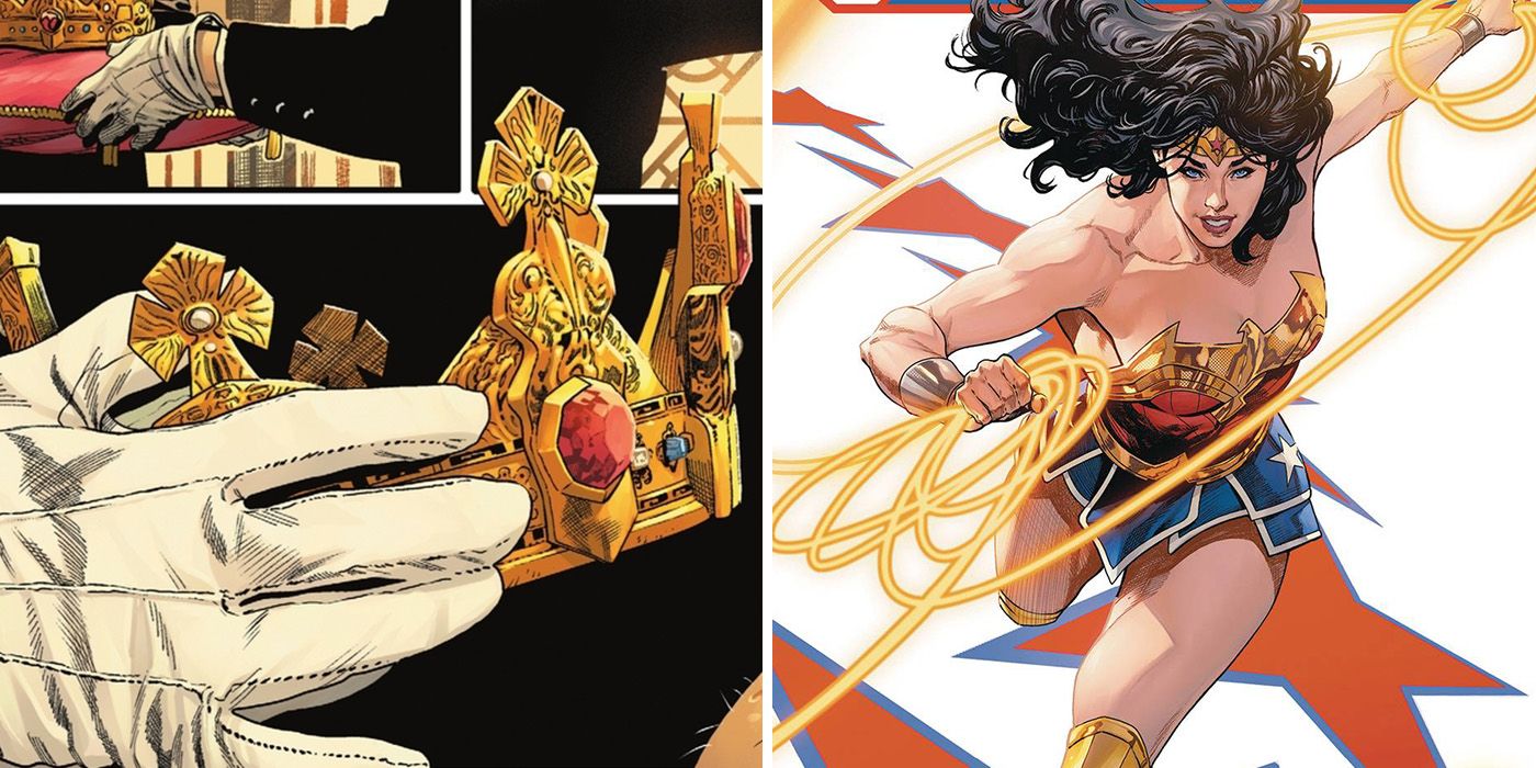 split image: the Sovereign receives his crown and Wonder Woman uses her Lasso in DC Comics