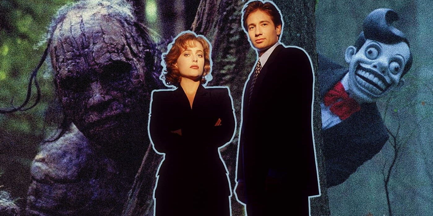 X-Files stars Mulder and Scully, played by David Duchovny and Gillian Anderson stand in front of two monsters peeking out behind trees