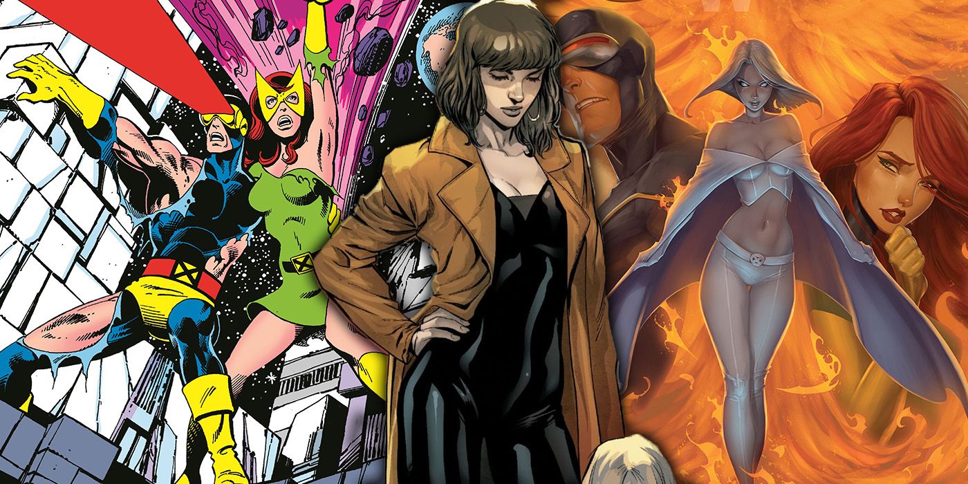 split image: Moira in Inferno, Cyclops and Jean battle in the Dark Phoenix Saga and Emma Frost separates Scott and Jean