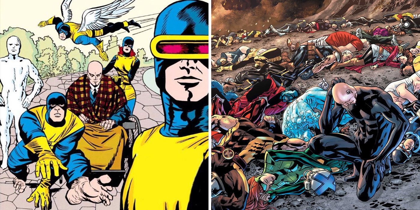 split image: Original Five X-Men and Xavier kneeling over the Krakoa X-Men in Fall of X