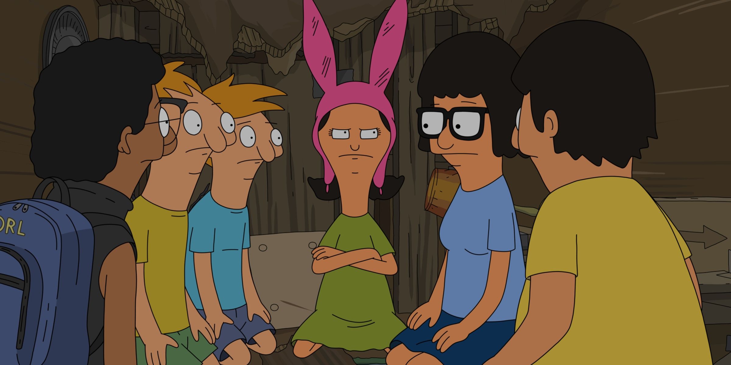 Tina, Gene e Louise com seus amigos presos em um forte no Bob's Burgers 