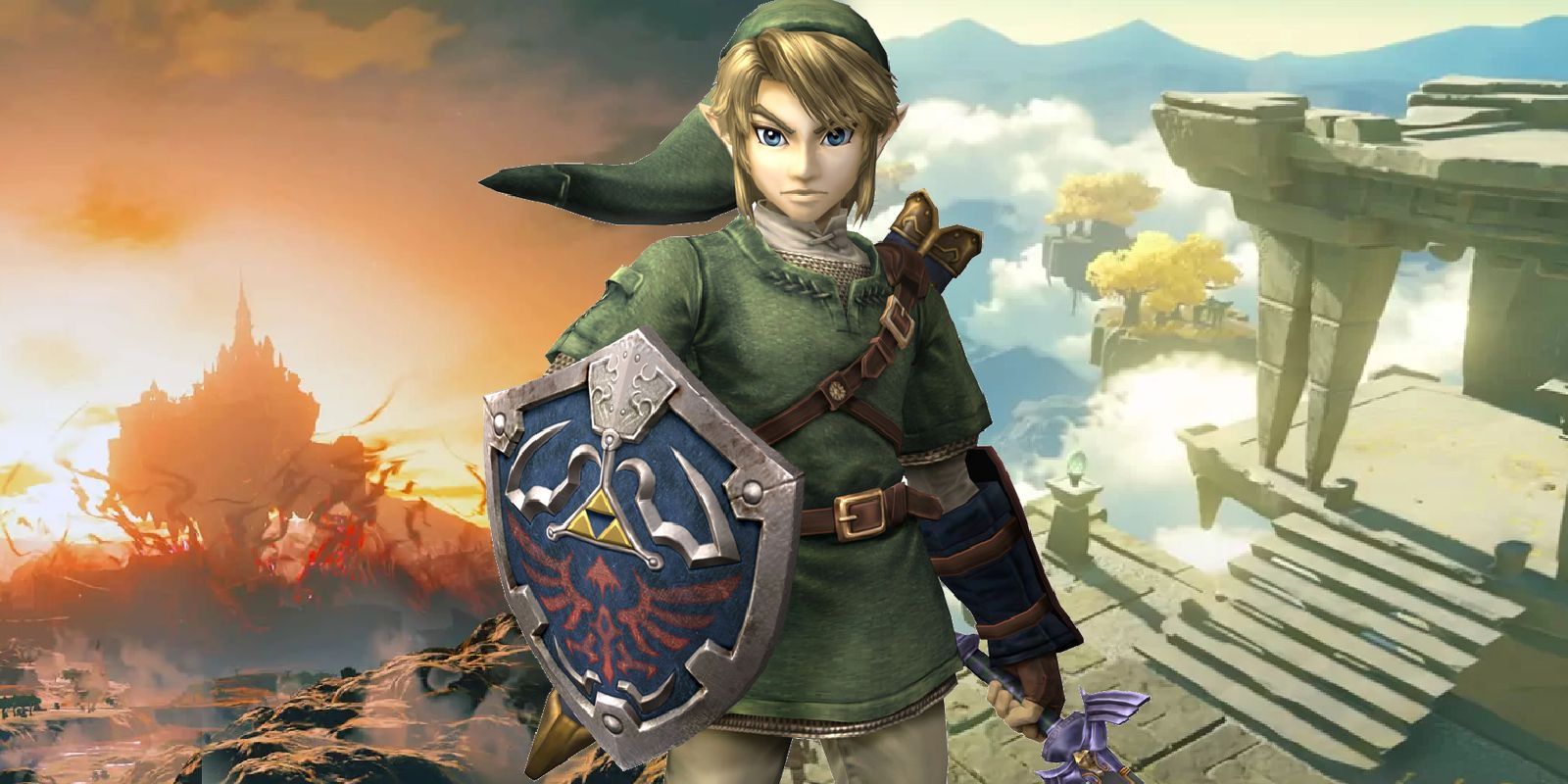 Link from the legend of Zelda twilight Princess in front of the Hyrule in tears of the Kingdom