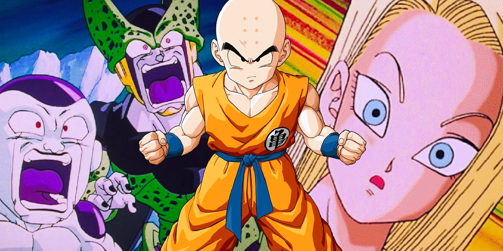 Krillin takes an intimidating pose in front of Frieza, Cell and Android 18 in Dragon Ball Z