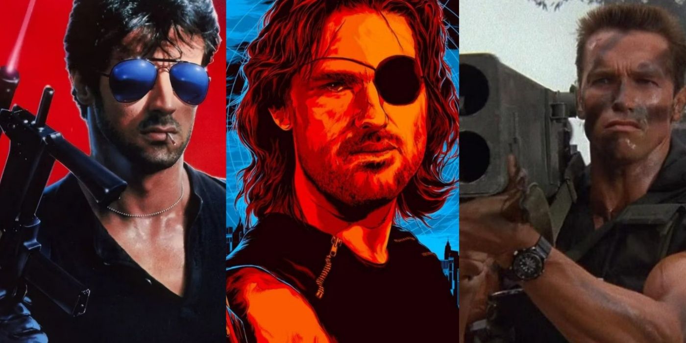 A split image of Sylvester Stallone in Cobra, Kurt Russell in Escape from New York, and Arnold Schwarzenegger in Commando
