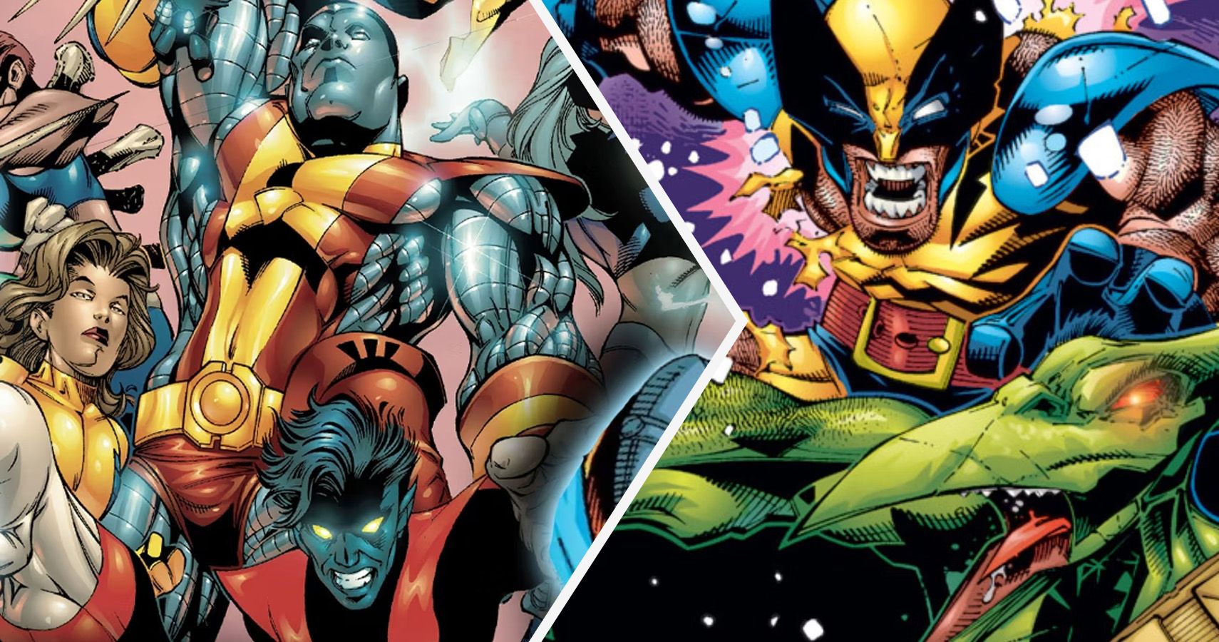 a split image of 90s xmen characters including wolverine and nightcrawler