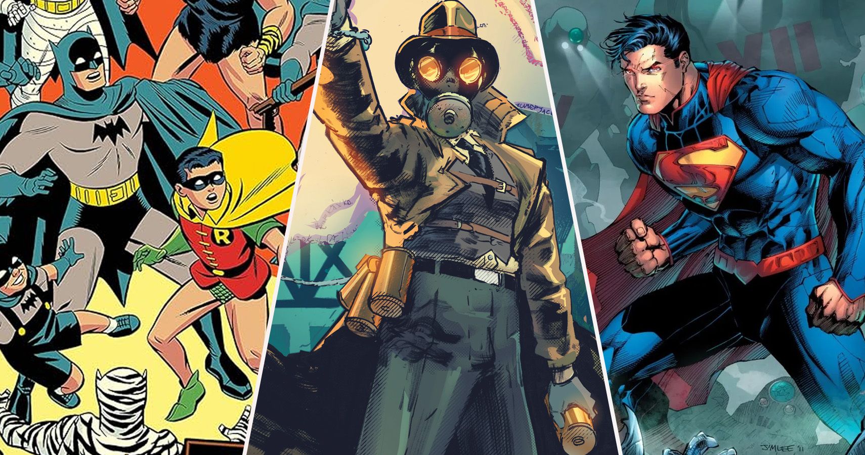 a split image of batman superman and sandman from across DC eras (1)