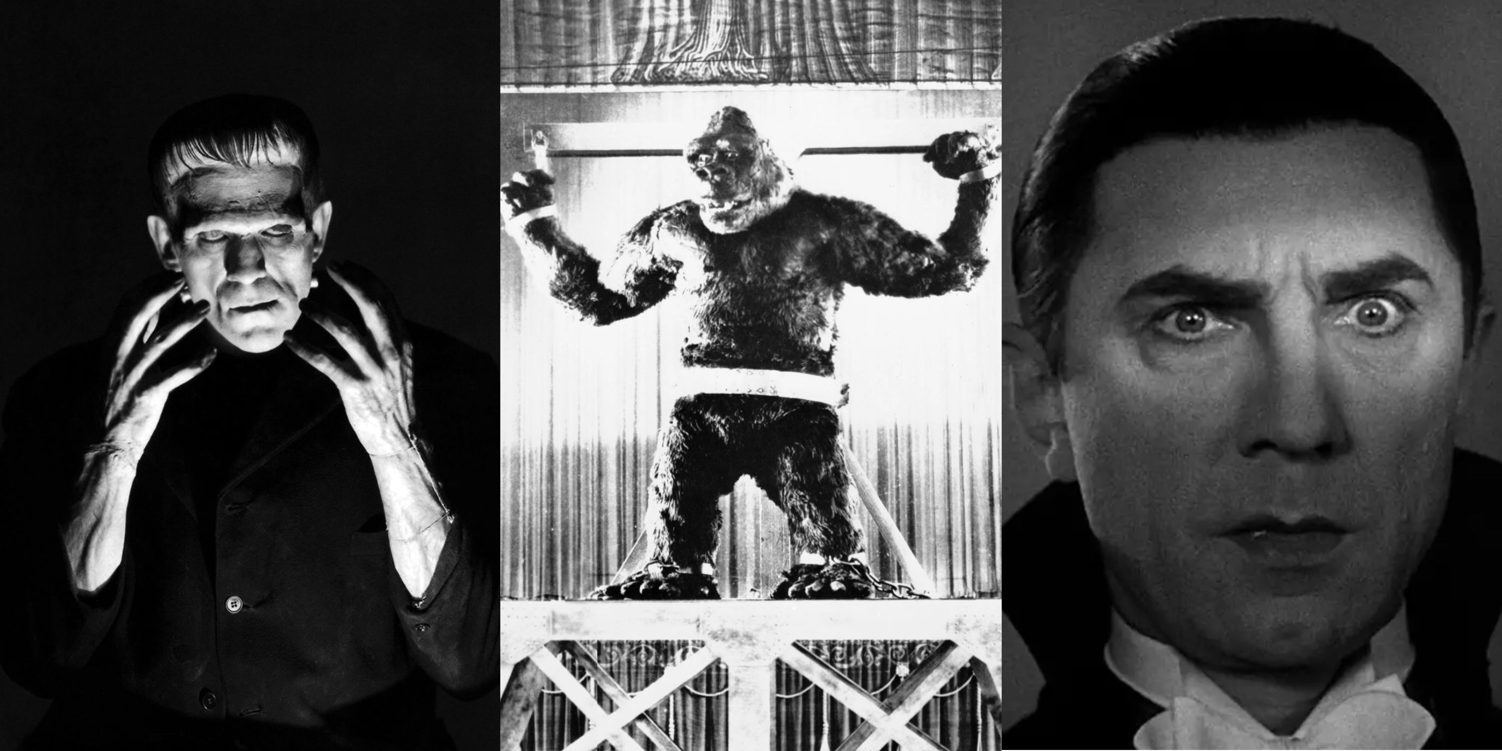 A split image of Boris Karloff in Frankenstein, King Kong in King Kong, and Bela Lugosi in Dracula