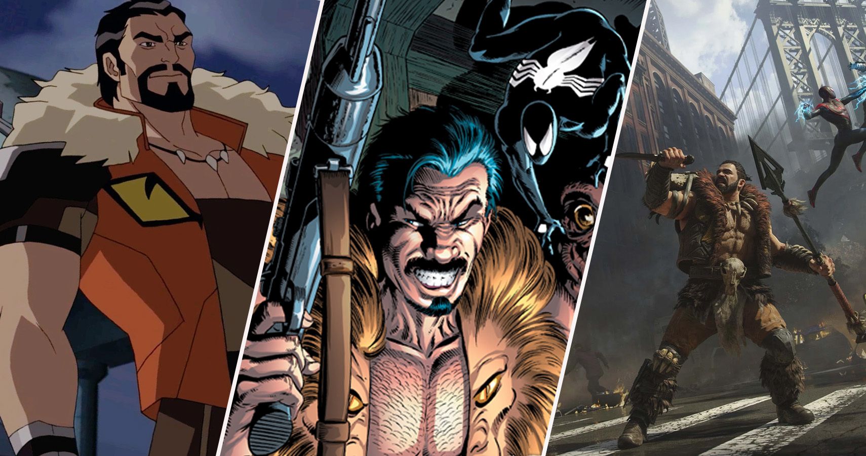 A split image of Kraven from Ultimate Spider-Man, Kraven from Marvel Comics, and Kraven from Marvel's Spider-Man 2