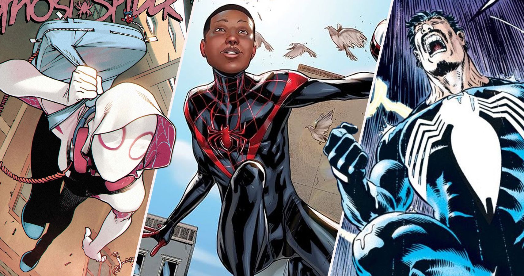 A split image of Ghost-Spider, Miles Morales, and Kraven the Hunter as Spider-Man
