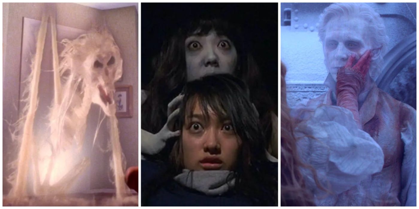 A split image of ghosts from Poltergeist, The Grudge, and Crimson Peak horror movies