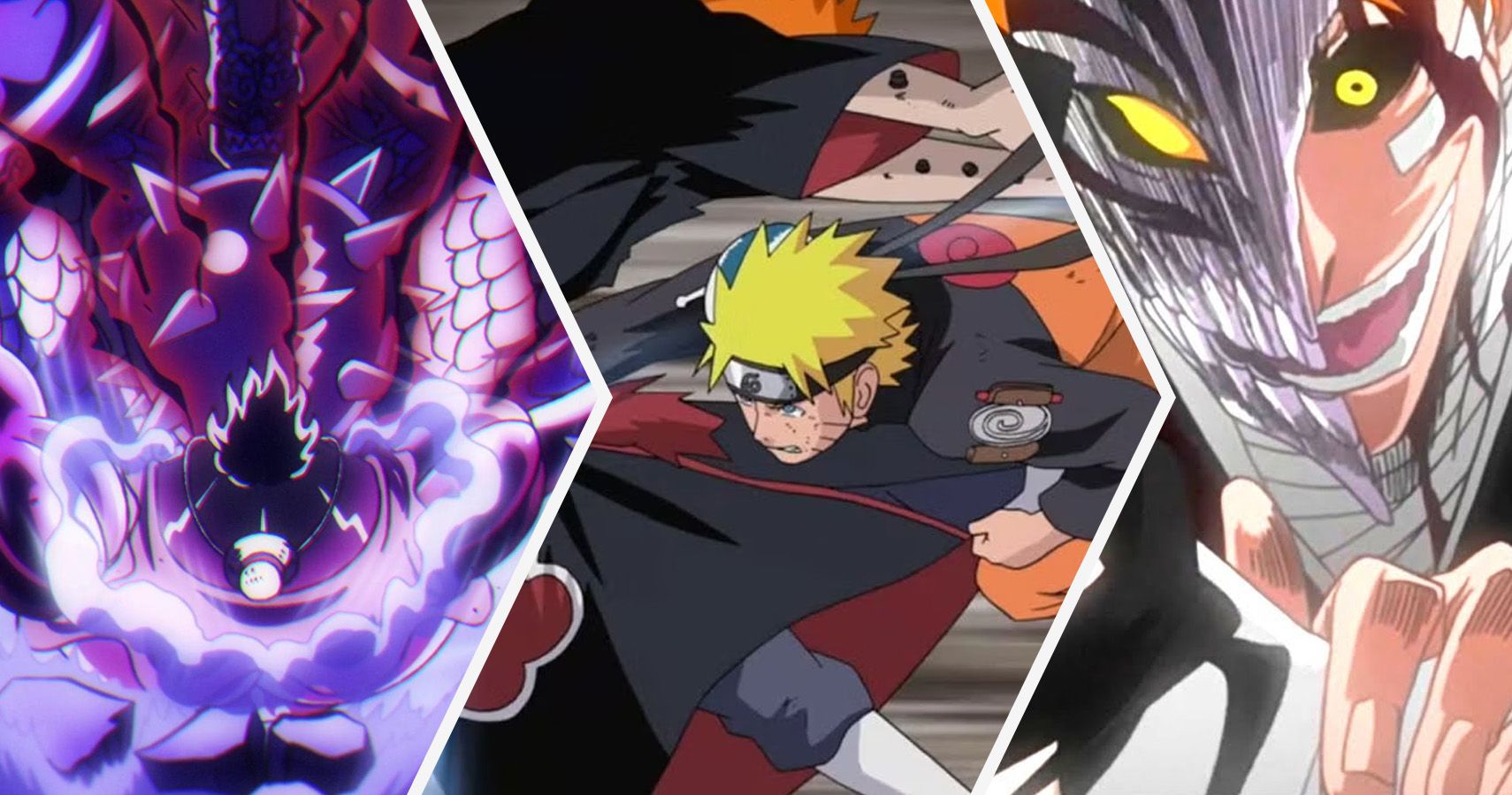 A split image of iconic fights from one piece naruto and bleach