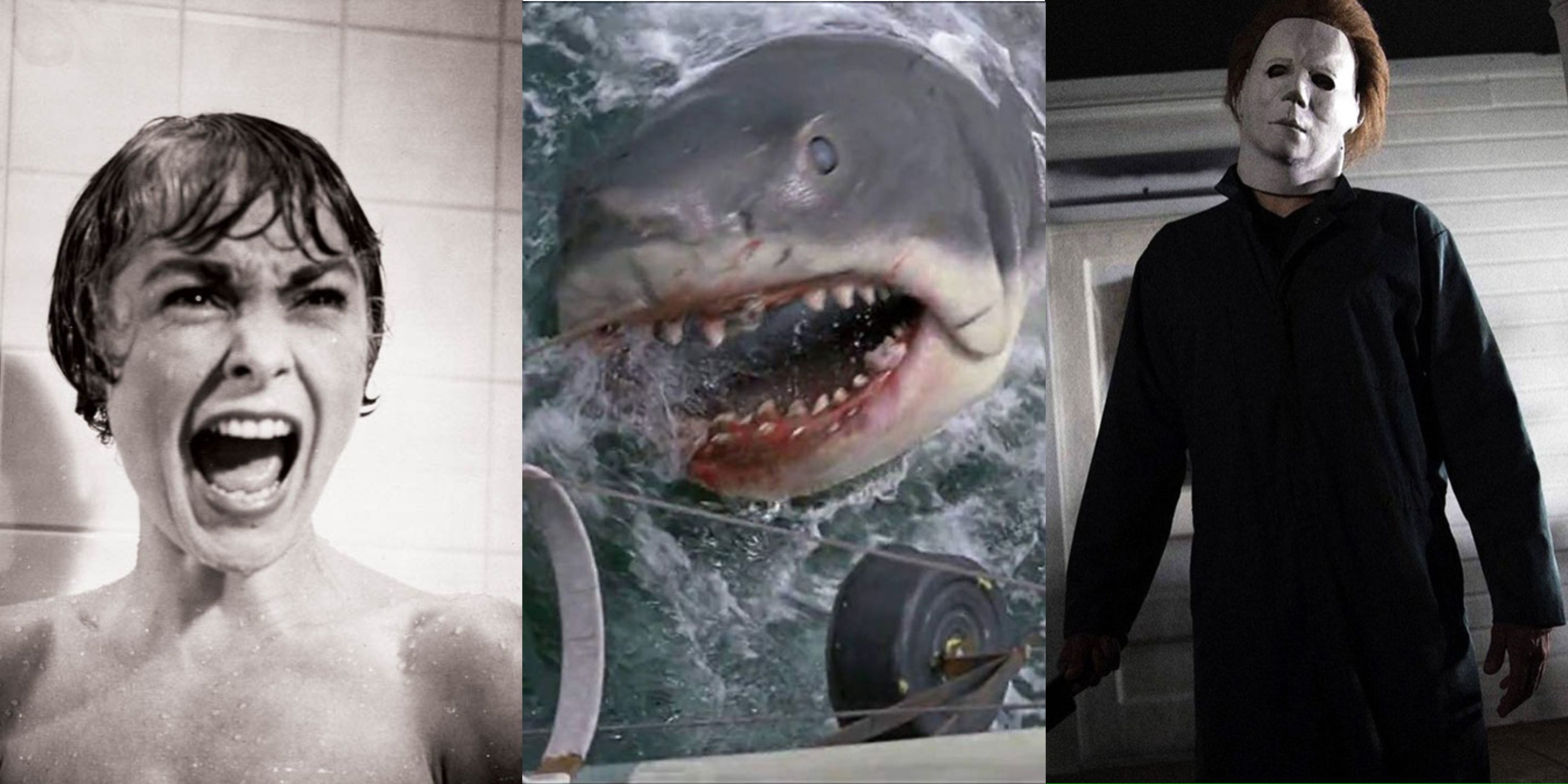 A split image of Janet Leigh in Psycho, the shark in Jaws, and Michael Myers in Halloween