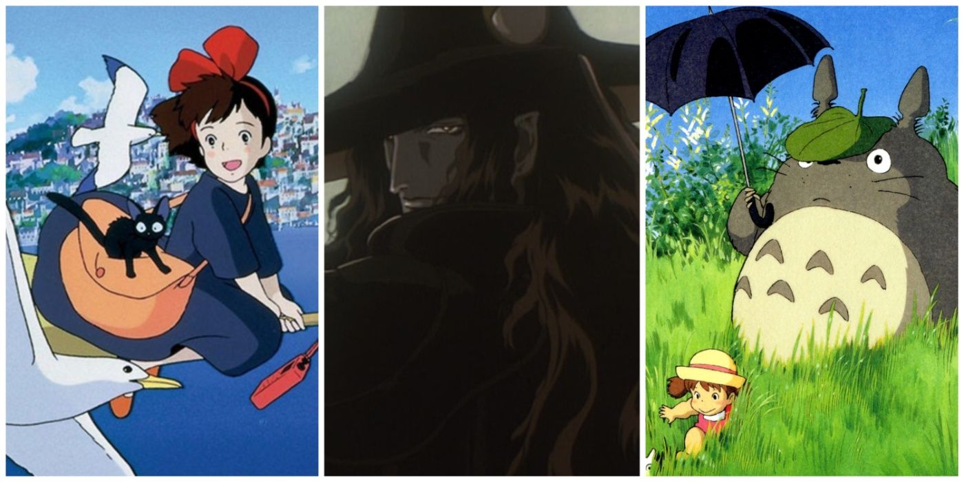 A split image of Kiki's Delivery Service, Vampire Hunter D, and My Neighbor Totoro anime movies