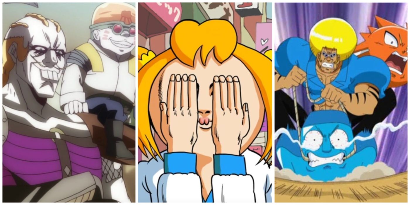 A split image of Osomatsu-San, Pop Team Epic, and Bobobo gag anime