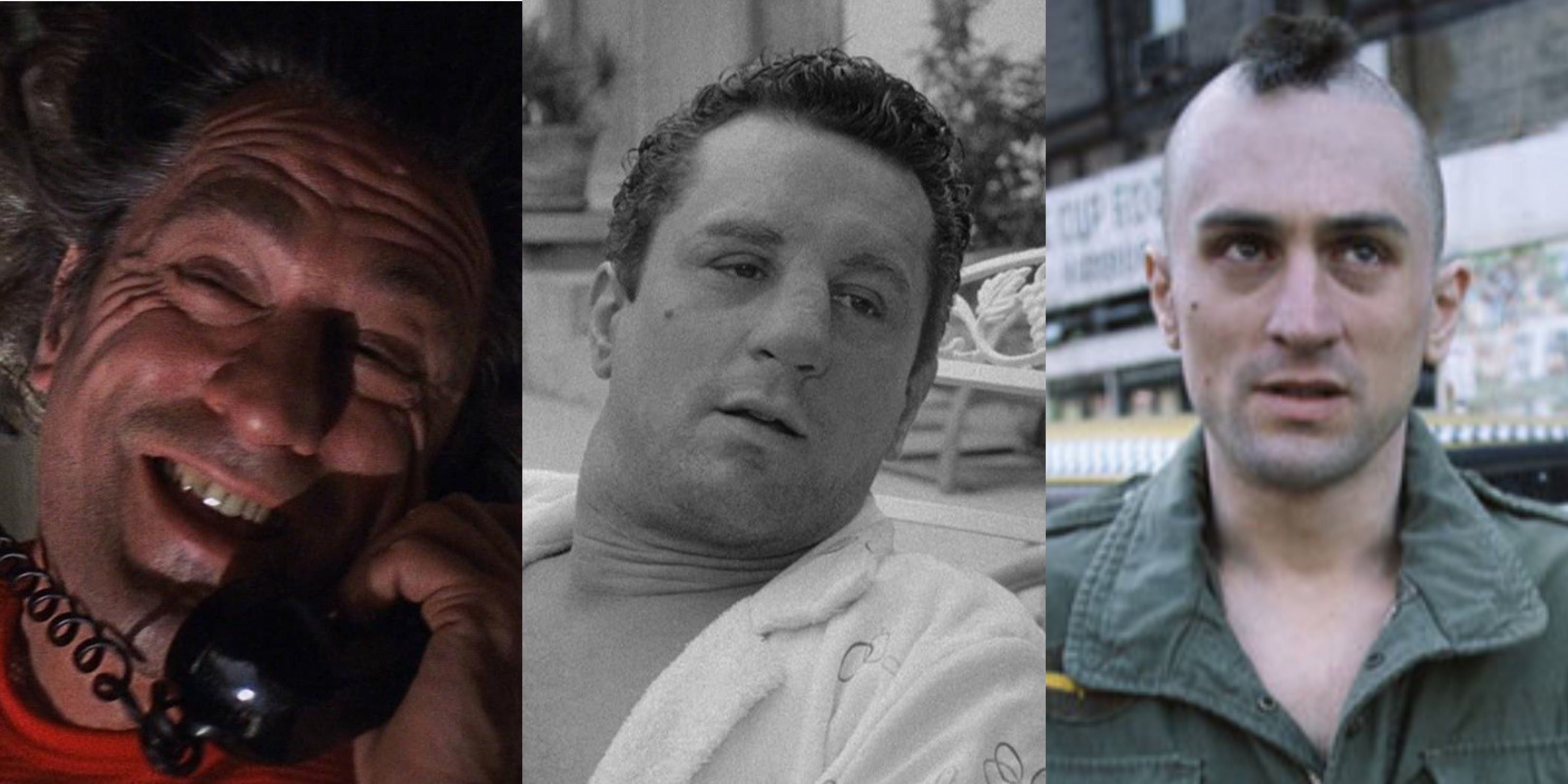 A split image of Robert De Niro in Cape Fear, Raging Bull, and Taxi Driver