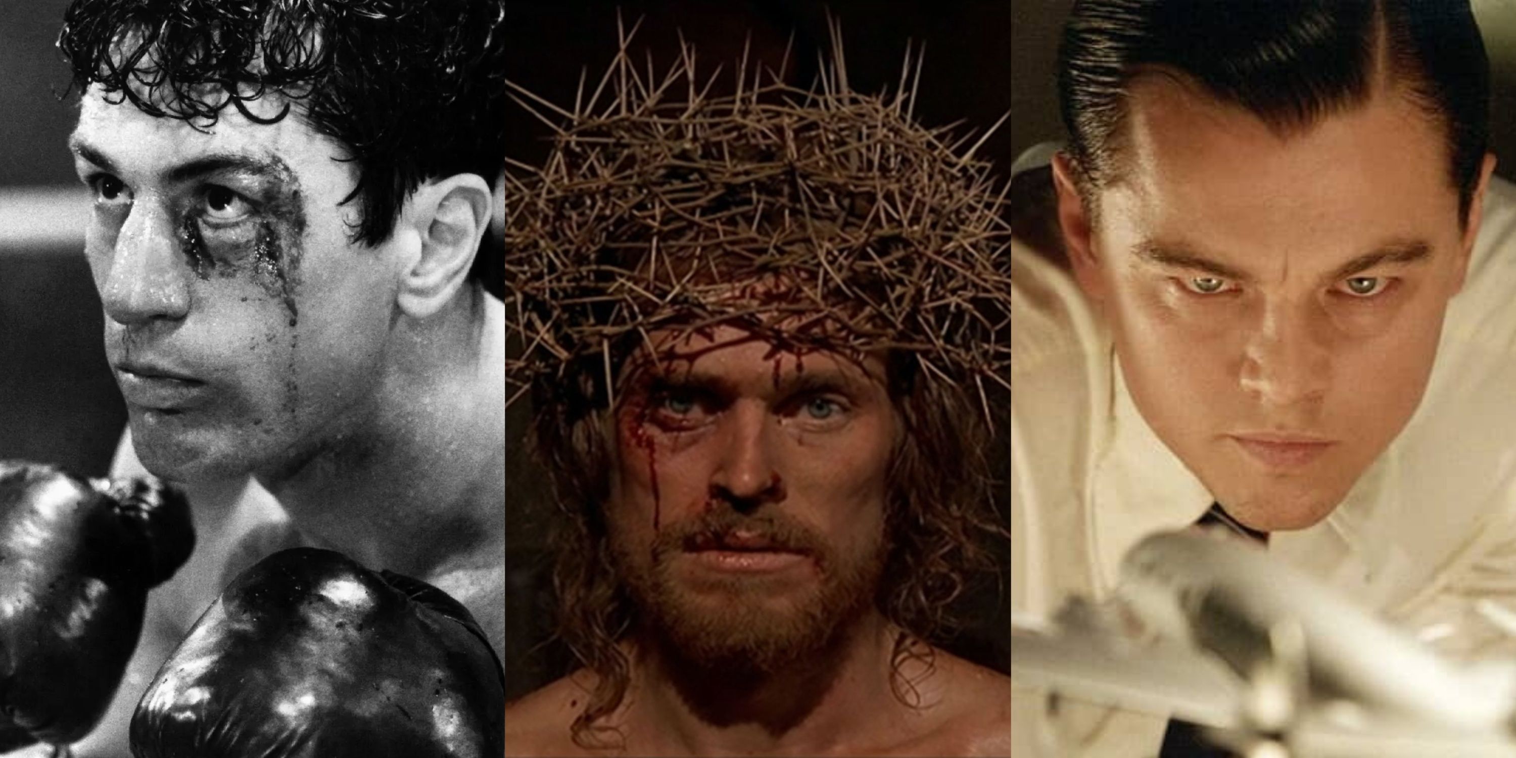 A split image of Robert De Niro in Raging Bull, Willem Dafoe in The Last Temptation of Christ, and Leonardo DiCaprio in The Aviator