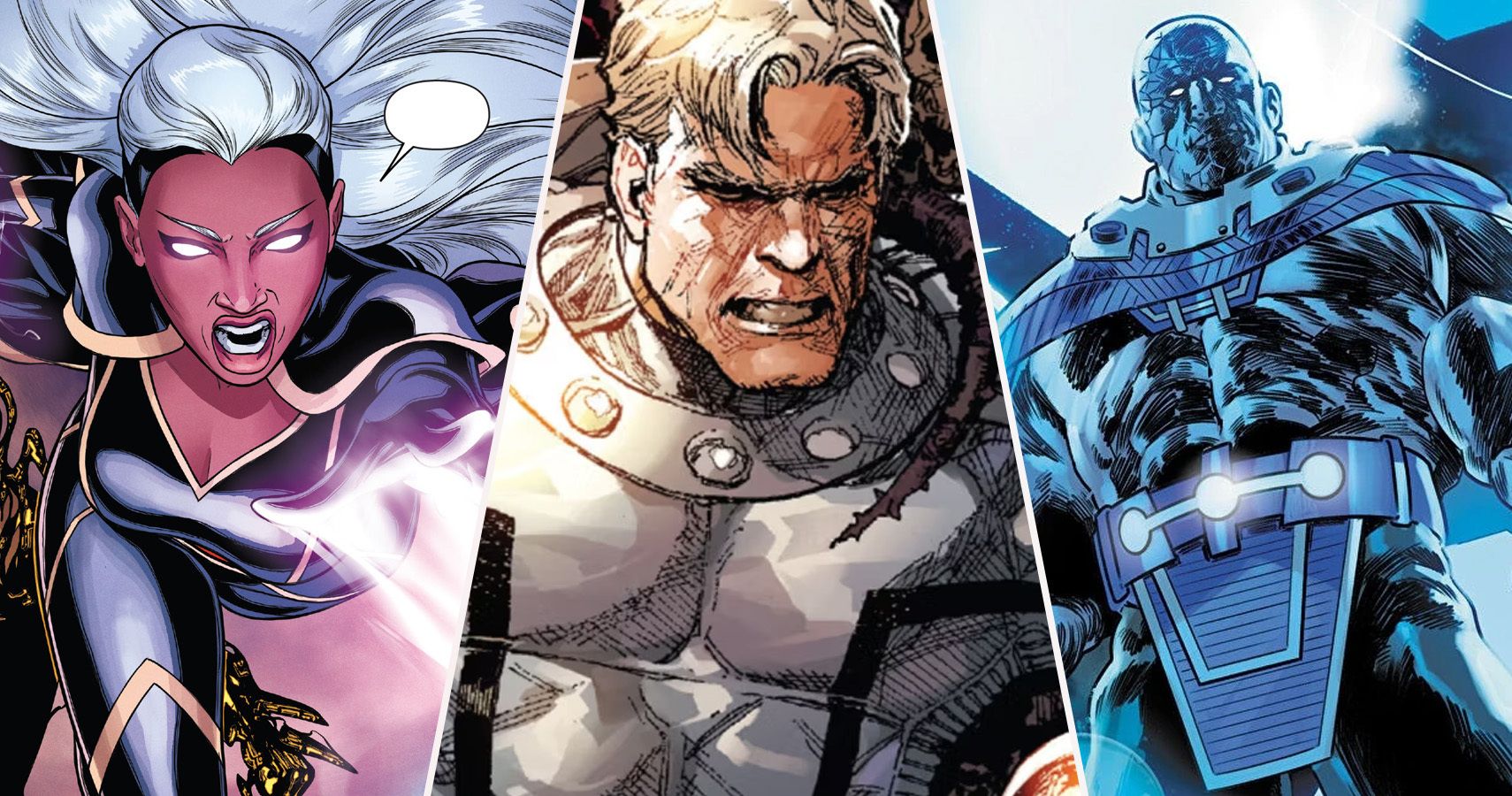 Uma imagem dividida de Tempestade, Magneto e Urano da Marvel Comics