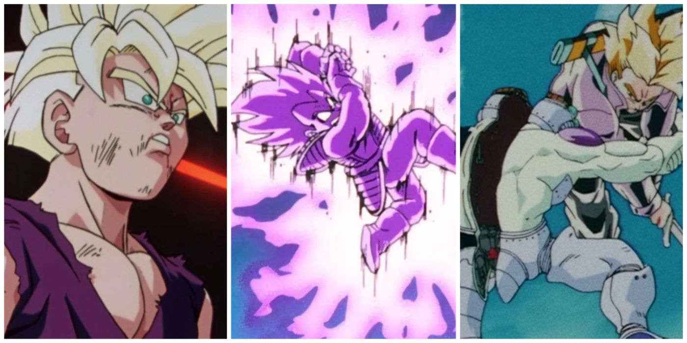 Uma imagem dividida de Super Saiyan 2 Gohan, Galick Gun Vegeta e Future Trunks cortando Frieza de Dragon Ball