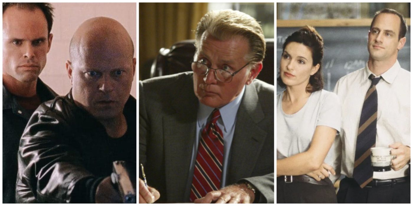 A split image of The Shield, The West Wing, and Law and Order SVU TV dramas