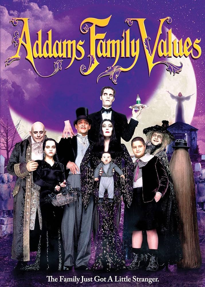 Cartaz do filme Valores da Família Addams com Christopher Lloyd, Raul Julia e Angelica Huston