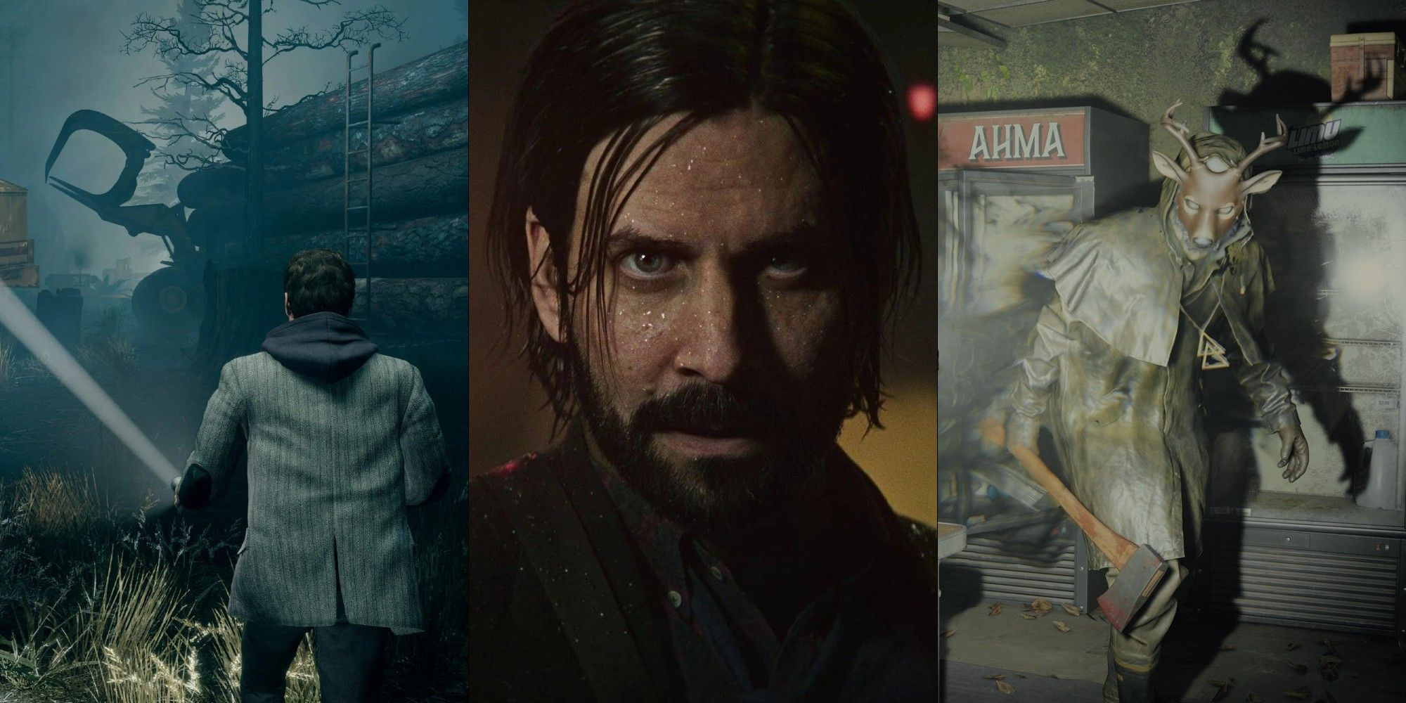 A split image featuring a closeup of Alan Wake with gameplay on either side