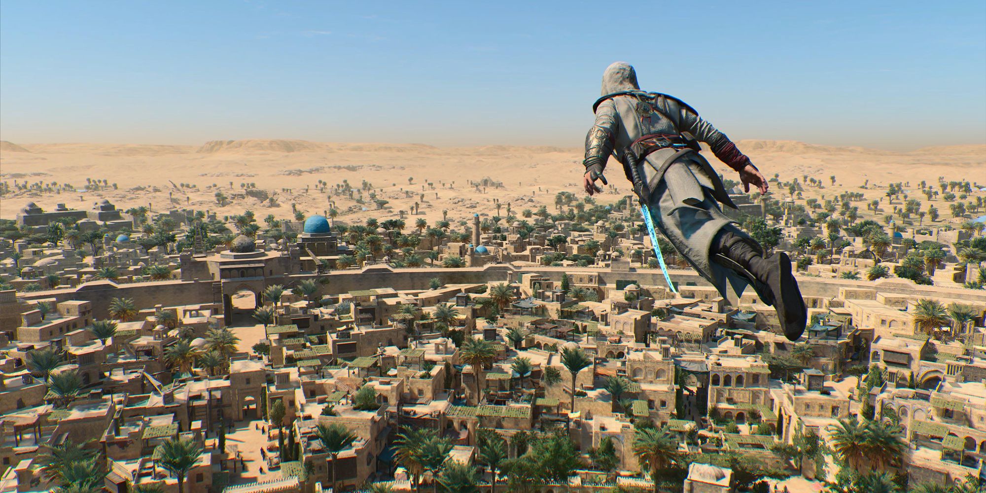 Assassin's Creed Mirage Basim doing a Leap of Faith in the Round City